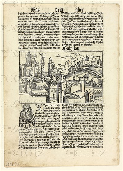 Babylon from Schedel Weltchronik (Schedel’s World History), Plate 9 from Woodcuts from Books of the 15th Century, 1496, portfolio assembled 1929, Unknown Artist  (Augsburg, 15th century), printed and published by Johann Schönsperger the Elder (German, ca. 1455–1521), original text by Hartmann Schedel (German, 1440–1514), portfolio text by Wilhelm Ludwig Schreiber (German, 1855–1932), Germany, Woodcut and letterpress in black (recto and verso) on cream laid paper, tipped onto cream wove paper mat, 86 x 139 mm (image), 270 x 196 mm (sheet)