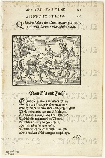 Schöne Figuren vor alle Fabeln Esopi (Aesop’s Fables), plate eleven from Woodcuts from Books of the XVI Century, 1566, assembled into portfolio 1937, Virgil Solis, the elder (German, 1514-1562), assembled by Max Geisberg (Swiss, 1875-1943), Germany, Woodcut on paper, 49 × 67 mm (image), 126 × 67 mm (image/te×t), 150 × 99 mm (sheet)