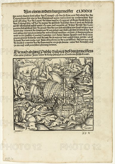 Illustration from Romische Historien, plate fifteen from Woodcuts from Books of the XVI Century, 1507, assembled into portfolio 1937, Unknown Artist (German, 16th century), assembled by Max Geisberg (Swiss, 1875-1943), Germany, Woodcut on paper, 141 × 154 mm (image), 239 × 154 mm (image/te×t), 310 × 217 mm (sheet)