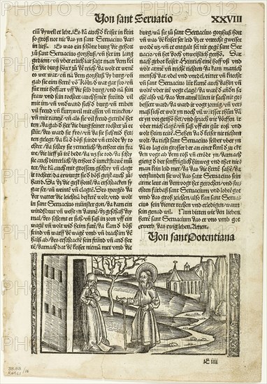 Illustration from Das Leben der Heiligen, plate sixteen from Woodcuts from Books of the XVI Century, 1513, assembled into portfolio 1937, Unknown Artist (German, 16th century), assembled by Max Geisberg (Swiss, 1875-1943), Germany, Woodcut on paper, 75 × 152 mm (image), 254 × 152 mm (image/te×t), 275 × 189 mm (sheet)