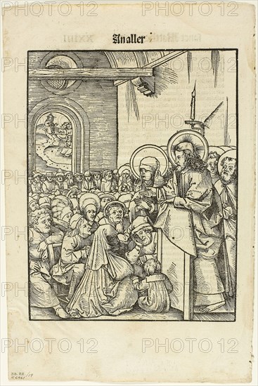 Christ Preaching, from Leben Jesu Christi, plate 19 from Woodcuts from Books of the XVI Century, 1508, portfolio assembled 1937, Hans Wechtlin (German, 1480/85-after 1526), published by Johann Schott (German, 1477-c. 1550), portfolio text by by Max Geisberg (Swiss, 1875-1943), Germany, Woodcut in black with letterpress on cream laid paper, 230 × 165 mm (image/te×t), 299 × 195 mm (sheet)