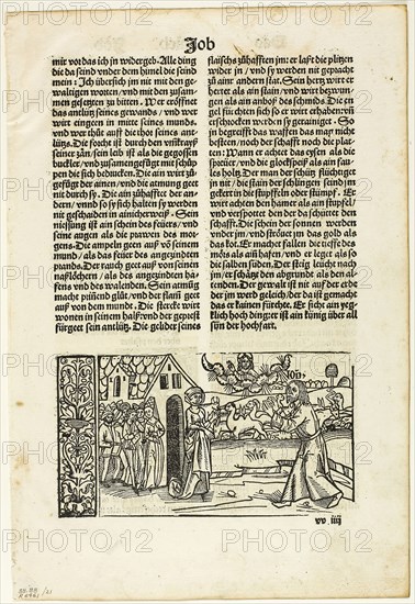 Illustration from the 14th German Bible, plate 21 from Woodcuts from Books of the XVI Century, 1518, assembled into portfolio 1937, Unknown Artist (German, 16th century), assembled by Max Geisberg (Swiss, 1875-1943), Germany, Woodcut on paper, 85 × 155 mm (image), 254 × 158 mm (image/te×t), 308 × 209 mm (sheet)