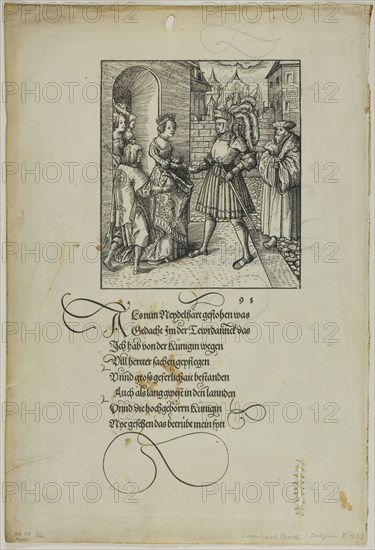 Theuerdank Received by Ehrenreich, from Teuerdank, plate 22 from Woodcuts from Books of the XVI Century, 1517, Leonhard Beck (German, c.1480-1542), published by Johann Schonsperger the Elder (German, 1455-1521), assembled by Max Geisberg (Swiss, 1875-1943), Germany, Woodcut in black on vellum, 158 × 139 mm (image), 300 × 166 mm (image/te×t), 374 × 254 mm (sheet)
