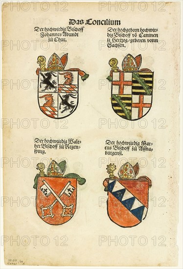 Coats of Arms of Bishops (recto and verso) from Das Concilium so zu Constantz, plate 26 from Woodcuts from Books of the XVI Century, 1536, assembled into portfolio 1937, Jörg Breu, I (German, c.1480-1537), assembled by Max Geisberg (Swiss, 1875-1943), Germany, Hand-colored woodcut on paper, 229 × 131 mm (images/te×t, recto), 227 × 140 mm (images/te×t, verso), 292 × 193 mm (sheet)