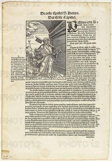 St. Peter from De Biblie vth der vthlegginge Doctoris Martini Luthers, plate 27 from Woodcuts from Books of the XVI Century, 1534, assembled into portfolio 1937, Erhard Altdorfer (German, c. 1485-1561), original text German Bible translation by Martin Luther (1483-1546), portfolio text by Max Geisberg (Swiss, 1875-1943), Germany, Woodcut and letterpress in black on cream laid paper, 135 × 92 mm (image), 287 × 205 mm (image/te×t), 361 × 247 mm (sheet)