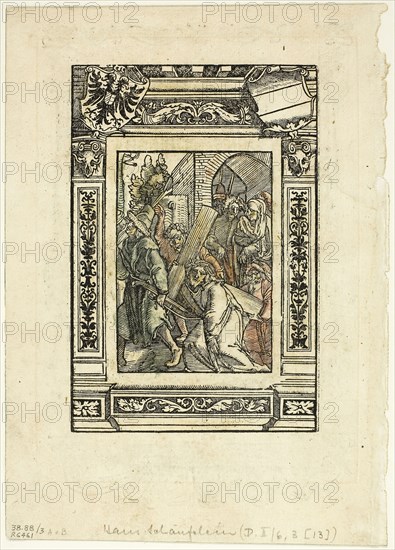 Christ Bearing the Cross (recto) and Decorative Border (verso) from Das Leiden Jesu Christi, plate three from Woodcuts from Books of the XVI Century, 1515, assembled into portfolio 1937, Hans Leonhard Schäuffelein (German, 1480/90-1538/40), printed by Johannes Schönsperger the Younger (German, 16th century), assembled by Max Geisberg (Swiss, 1875-1943), Germany, Woodcut on paper, 143 x 96 mm (image, recto), 189 x 122 mm (image, verso), 280 x 149 mm (sheet)