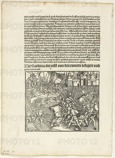 Illustration from Romische Historien by Titus Livius, plate 30 from Woodcuts from Books of the XVI Century, 1505, assembled into portfolio 1937, Unknown Artist (German, 16th century), assembled by Max Geisberg (Swiss, 1875-1943), Germany, Woodcut on paper, 119 × 145 mm (image), 229 × 149 mm (image/te×t), 304 × 220 mm (sheet)