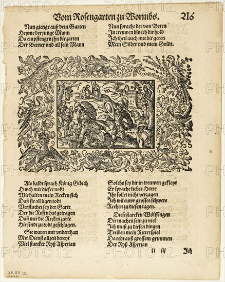 Illustration from Heldenbuch, plate 32 from Woodcuts from Books of the XVI Century, 1590, assembled into portfolio 1937, Virgil Solis, the elder (German, 1514-1562) and Jost Amman (Swiss, 1539-1591), assembled by Max Geisberg (Swiss, 1875-1943), Germany, Woodcut on paper, 92 × 137 mm (image), 190 × 139 mm (image/te×t), 217 × 172 mm (sheet)