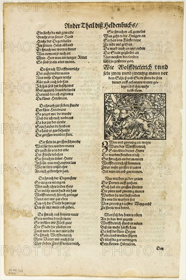 Illustration from Das Heldenbuch, plate 33 from Woodcuts from Books of the XVI Century, 1560, assembled into portfolio 1937, Unknown Artist (German, 16th century), assembled by Max Geisberg (Swiss, 1875-1943), Germany, Woodcut on paper, 51 × 68 mm (image), 253 × 141 mm (image/te×t), 305 × 200 mm (sheet)