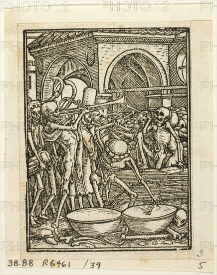 Dance of Death, plate 39 from Woodcuts from Books of the XVI Century, 1567, assembled into portfolio 1937, Hans Holbein, the Younger, after (German, c.1497-1543), assembled by Max Geisberg (Swiss, 1875-1943), Germany, Woodcut on paper, 66 × 50 mm (image), 80 × 62 mm (sheet)