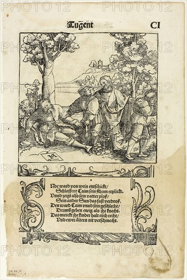 Shem Covering the Nakedness of Noah (recto) and Lot with his Daughters (verso) from Der Teutsch Cicero, plate four of Woodcuts from Books of the XVI Century, 1534, assembled into portfolio 1937, Hans Leonhard Schäuffelein (German, 1480/90-1538/40), assembled by Max Geisberg (Swiss, 1875-1943), Germany, Woodcut on paper, 142 × 151 mm (image, recto), 243 × 153 mm (image/te×t, recto), 142 × 153 mm (image, verso), 251 × 153 mm (image/te×t verso), 300 × 200 mm (sheet)