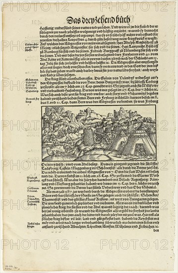 Illustration from Gemeiner loblicher Eydgnoschaft Chronick, plate 40 from Woodcuts from Books of the XVI Century, 1548, assembled into portfolio 1937, Unknown Artist (Swiss, 16th century), assembled by Max Geisberg (Swiss, 1875-1943), Switzerland, Woodcut on paper, 80 x 165 mm (image), 310 x 190 mm (image/text), 386 x 249 mm (sheet)