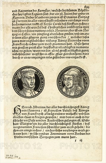 Medallion Portraits of Henry and Margaret of Navarre (recto) and Portraits of Barbarossa and of Muleasem of Tunis (verso) from Bildtnussen der Rhömischen Keyseren, plate 44 from Woodcuts from Books of the XVI Century, 1558, assembled into portfolio 1937, Hans Rudolf Manuel Deutsch (Swiss, 1525-1572), assembled by Max Geisberg (Swiss, 1875-1943), Switzerland, Woodcut on paper, 37 x 37 mm (left image, recto), 37 x 37 mm (right image, recto), 158 x 89 mm (image/text, recto), 37 x 37 mm (left image, verso), 37 x 37 mm (right image, verso), 158 x 89 mm (image/text, verso), 182 x 117 mm (sheet)