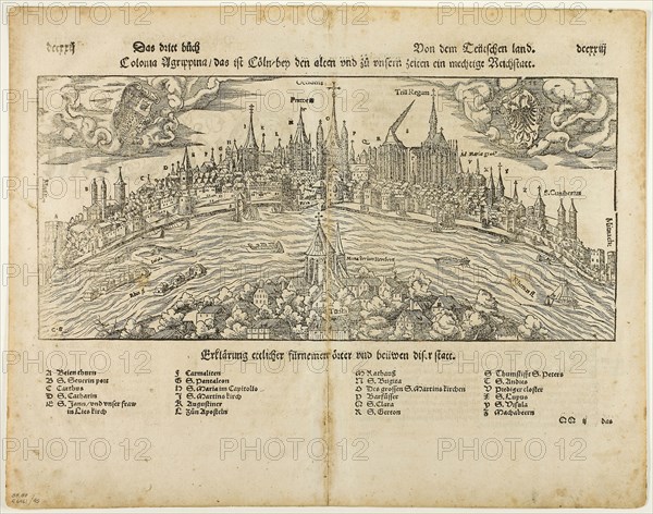 View of Cologne (recto) Man Hanged from a Tree (verso), Two leafs DCCXXI-DCCXXIIII from Kosmographie by S. Münster, plate 45 from Woodcuts from Books of the XVI Century, 1564, assembled into portfolio 1937, Hans Rudolf Manuel Deutsch (Swiss, 1525-1572), assembled by Max Geisberg (Swiss, 1875-1943), Switzerland, Woodcut on paper, 54 x 59 mm (image, recto), 169 x 255 mm (image/text, recto), 318 x 124 mm (sheet, folded), 168 x 368 mm (image, verso), 243 x 368 mm (image/text, verso), 319 x 409 mm (sheet, unfolded)