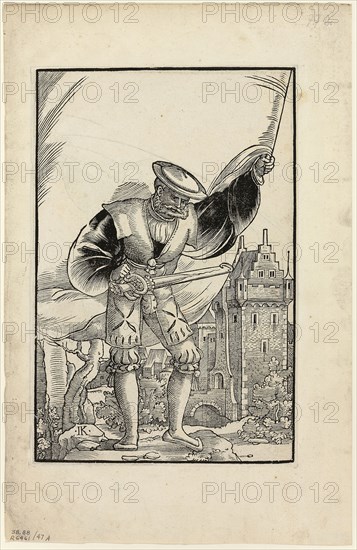 German Soldier Standing with Flag (recto) and German Soldier Marching with Flag (verso) from Wappen des heiligen römischen Reichs Teutscher Nation, plate 47 from Woodcuts from Books of the XVI Century, 1545, assembled into portfolio 1937, Attributed to Monogrammist I.K. (German, active 1536-1545), assembled by Max Geisberg (Swiss, 1875-1943), Germany, Woodcut in black on cream laid paper, 219 × 144 mm (image, recto), 218 × 144 mm (image, verso), 300 × 193 mm (sheet)