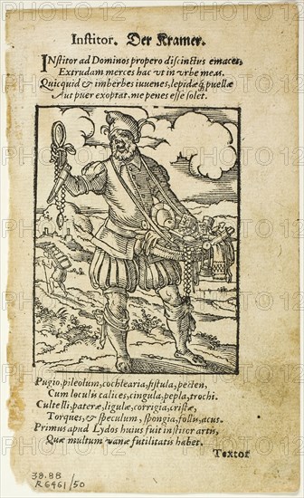 Der Kramer (The Peddler) from De omnibus illiberalibus sive mechanicis artibus by Hartmann Schopper, plate 50 from Woodcuts from Books of the XVI Century, 1574, assembled into portfolio 1937, Jost Amman (Swiss, 1539-1591), assembled by Max Geisberg (Swiss, 1875-1943), Switzerland, Woodcut on paper, 79 x 61 mm (image), 126 x 65 mm (image/text), 145 x 88 mm (sheet)