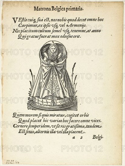 Matrona Belgica primaria (Belgian Matron of the First Rank) from Gynaeceum, sive Theatrum Mulierum, plate 53 from Woodcuts from Books of the XVI Century, 1586, assembled into portfolio 1937, Jost Amman (Swiss, 1539-1591), assembled by Max Geisberg (Swiss, 1875-1943), Switzerland, Woodcut on paper, 84 x 60 mm (image), 161 x 110 mm (image/text), 196 x 145 mm (sheet)