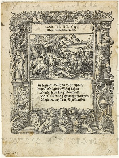 Moses and the Burning Bush (recto) and The Infant Moses Put into the River (verso) from Neue künstliche Figuren biblischer Historien, plate 55 from Woodcuts from Books of the XVI Century, 1578, assembled into portfolio 1937, Tobias Stimmer (Swiss, 1539-1584), assembled by Max Geisberg (Swiss, 1875-1943), Switzerland, Woodcut on paper, 159 x 134 mm (image, recto), 159 x 134 mm (image, verso), 166 x 134 mm (image/text, verso), 200 x 151 mm (sheet)