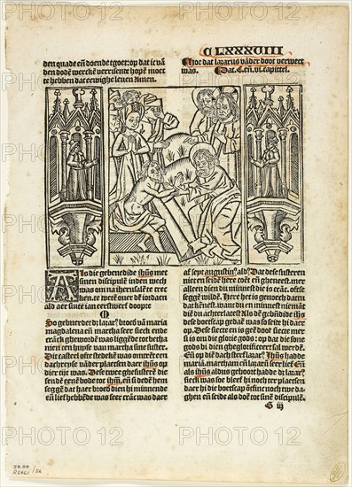 The Raising of Lazarus from Leven Christi by Ludolphus de Saxonia, plate 56 from Woodcuts from Books of the XVI Century, 1512, assembled into portfolio 1937, Unknown Artist (German, 16th century), assembled by Max Geisberg (Swiss, 1875-1943), Germany, Hand-colored woodcut on paper, 108 × 152 mm (image), 215 × 157 mm (image/te×t), 282 × 204 mm (sheet)
