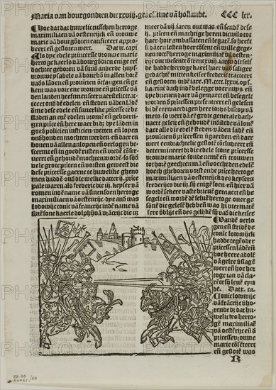 Illustration from Coronijke van Hollandt, plate 58 from Woodcuts from Books of the XVI Century, 1530, assembled into portfolio 1937, Unknown Artist (German, 16th century), assembled by Max Geisberg (Swiss, 1875-1943), Germany, Woodcut on paper, 98 × 124 mm (image), 249 × 157 mm (image/te×t), 270 × 191 mm (sheet)