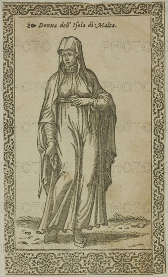 Maltese Woman from Le Navigationi nella Turchia, plate 61 from Woodcuts from Books of the XVI Century, 1577, assembled into portfolio 1937, Assuerus Jansz Van Londerseel (Flemish, c.1572-1635), assembled by Max Geisberg (Swiss, 1875-1943), Flanders, Woodcut on paper, 164 × 97 mm (image), 222 × 171 mm (sheet)