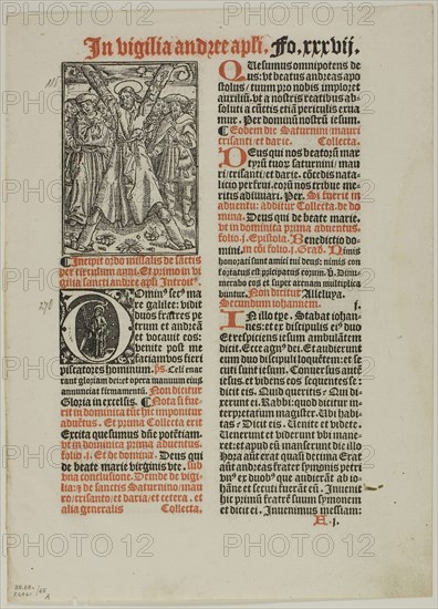 Crucifixion of Saint Andrew from Missale Monasteriense, plate 65 from Woodcuts from Books of the XVI Century, 1520, assembled into portfolio 1937, Unknown Artist (French, 16th century), assembled by Max Geisberg (Swiss, 1875-1943), France, Metalcut on paper, 101 × 71 mm (image), 256 × 157 mm (image/te×t), 308 × 224 mm (sheet)