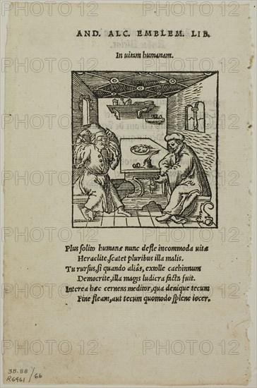 Illustration from Livret des Emblemes by Andreas Alciatus, plate 66 from Woodcuts from Books of the XVI Century, 1536, assembled into portfolio 1937, Unknown Artist (French, 16th century), assembled by Max Geisberg (Swiss, 1875-1943), France, Woodcut on paper, 67 × 63 mm (image), 163 × 106 mm (sheet)