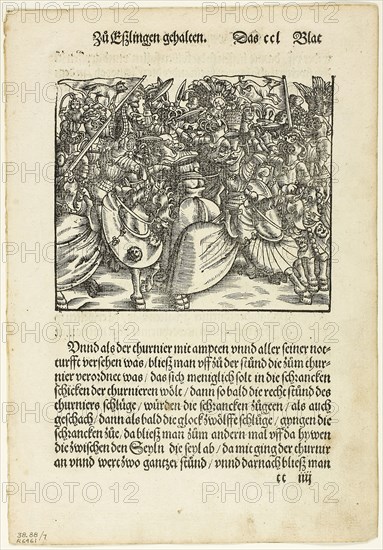 Illustration from Turnierbuch (Tournament Book), plate seven from Woodcuts from Books of the XVI Century, 1530, assembled into portfolio 1937, Attributed to Monogrammist H.H. (German, active 1539-1559), assembled by Max Geisberg (Swiss, 1875-1943), Germany, Woodcut on paper, 125 × 147 mm (image), 241 × 147 mm (image/te×t), 285 × 198 mm (sheet)
