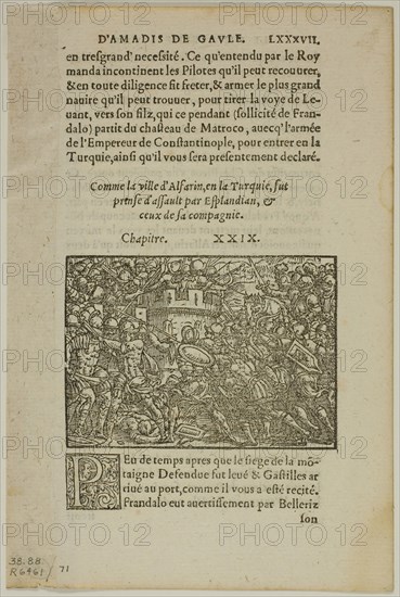 Leaf from Amadis de Gaule, plate 71 from Woodcuts from Books of the XVI Century, 1560, assembled into portfolio 1937, Unknown Artist (French, 16th century), assembled by Max Geisberg (Swiss, 1875-1943), France, Woodcut on paper, 56 × 89 mm (image), 141 × 89 mm (image/te×t), 169 × 113 mm (sheet)