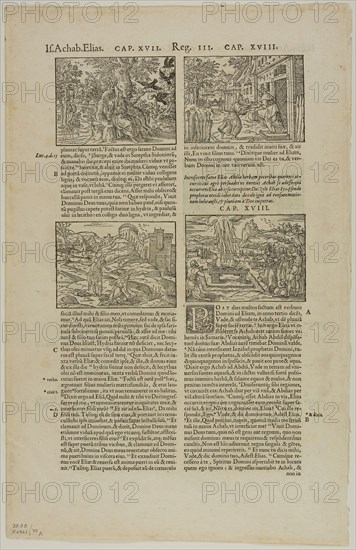 Four Illustrations to I Kings (recto) and Illustration to I Kings (verso) from Biblia Latina, plate 78 from Woodcuts from Books of the XVI Century, 1569, assembled into portfolio 1937, Bernard Salomon (French, 1506/10-c.1561), assembled by Max Geisberg (Swiss, 1875-1943), France, Woodcut on paper, 299 × 199 mm (images/te×t, recto), 60 × 83 mm (image, verso), 298 × 202 mm (image/te×t, verso), 375 × 240 mm (sheet)