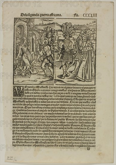 Illustration from Decadas, plate 79 from Woodcuts from Books of the XVI Century, 1520, assembled into portfolio 1937, Unknown Artist (German, 16th century), assembled by Max Geisberg (Swiss, 1875-1943), Germany, Woodcut on paper, 118 × 141 mm (image), 240 × 141 mm (image/te×t), 285 × 199 mm (sheet)
