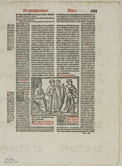 Illustration from Sextus decretalium liber by Bonifce VIII, plate 84 from Woodcuts from Books of the XVI Century, 1514, assembled into portfolio 1937, Unknown Artist (Italian, 16th century), assembled by Max Geisberg (Swiss, 1875-1943), Italy, Woodcut on paper, 53 x 64 mm (image), 167 x 118 mm (image/text), 218 x 159 mm (sheet)