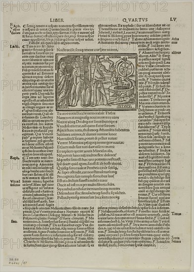Juno in Hades from P. Ouidij Nasonis poete ingeniosissimi Metamorphoseos Libri, plate 87 from Woodcuts from Books of the XVI Century, 1527, assembled into portfolio 1937, Unknown Artist (Italian, 16th century), assembled by Max Geisberg (Swiss, 1875-1943), Italy, Woodcut on paper, 61 x 87 mm (image), 243 x 182 mm (image/text), 284 x 202 mm (sheet)