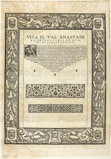 Decorative Border (recto) and Portrait of Emporer Anastasius (verso), plate nine from Woodcuts from Books of the XVI Century, 1559, assembled into portfolio 1937, Attributed to Hans Rudolf Manuel Deutsch (Swiss, 1525-1572) or Peter Flötner (German, 1485/96-1546), assembled by Max Geisberg (Swiss, 1875-1943), Switzerland, Woodcut on paper, 470 x 316 mm (image, recto), 429 x 321 mm (image, verso), 443 x 321 mm (image/text, verso), 484 x 369 mm (sheet)
