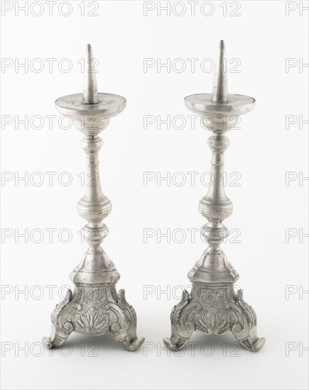 Candlestick (one of a pair), 19th century, P. J. Joiris, Belgian, 19th century, Belgium, Liège, Pewter, 37.5 x 12.1 x  12.1 cm (14 3/4 x 4 3/4 x 4 3/4 in.)