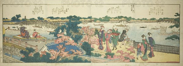 Pages from the illustrated book Panoramic Views along the Banks of the Sumida River (Ehon Sumidagawa ryogan ichiran), 1801, 1804, or 1806, Katsushika Hokusai ?? ??, Japanese, 1760-1849, Japan, Color woodblock print, 4 pages from illustrated book, 23.5 x 62.5 cm