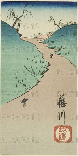 Hill at Fujikawa (Fujikawa sakamichi), section of sheet no. 10 from the series Cutouts of the Fifty-three Stations (Gojusan tsugi harimaze), 1852, Utagawa Hiroshige ?? ??, Japanese, 1797-1858, Japan, Color woodblock print, section of harimaze sheet (uncut sheet: 1939.1296), 15 x 7.8 cm (5 15/16 x 3 in.)