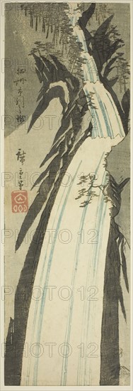 Nunobiki Waterfall in Settsu Province (Sesshu Nunobiki no taki), from an untitled series of views of the provinces, 1854, Utagawa Hiroshige ?? ??, Japanese, 1797-1858, Japan, Color woodblock print, aitanzaku, 34.2 x 11.3 cm (13 7/16 x 4 7/16 in.)