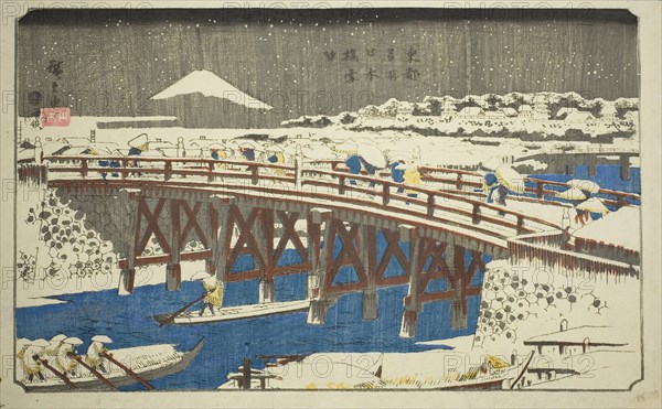 Nihon Bridge in Snow (Nihonbashi setchu), from the series Famous Places in the Eastern Capital (Toto meisho), c. 1842/44, Utagawa Hiroshige ?? ??, Japanese, 1797-1858, Japan, Color woodblock print, oban, 23.5 x 37.5 cm (9 1/4 x 14 3/4 in.)