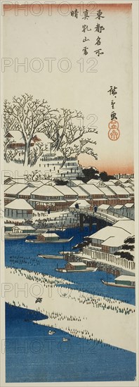 Clear Weather after Snow at Matsuchi Hill (Matsuchiyama no yukibare), from the series Famous Views of the Eastern Capital (Toto meisho), c. 1835/38, Utagawa Hiroshige ?? ??, Japanese, 1797-1858, Japan, Color woodblock print, chutanzaku, 36.5 x 12.7 cm (14 3/8 x 5 in.)