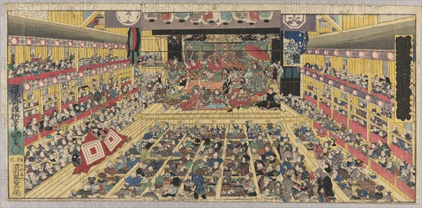 Flourishing of Edo Pictures Depicting Dances (Odori keiyo Edo-e no sakae), 1858, Utagawa Kunisada I (Toyokuni III), Japanese, 1786-1864, Japan, Color woodblock print, part of triptych, 35.2 x 73.7 cm (13 7/8 x 29 in.)