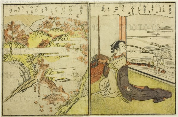 Pages from Vol. 1 and 2 of Picture Book of Spring Brocades (Ehon haru no nishiki), 1771, Suzuki Harunobu ?? ??, Japanese, 1725 (?)-1770, Japan, Color woodblock print, double-page illustration from book, 18 x 27.5 cm (7 1/16 x 10 13/16 in.)