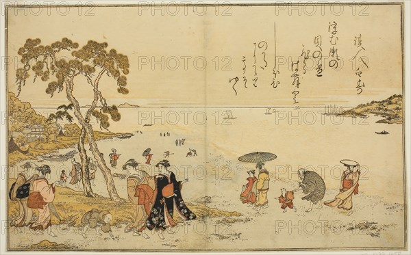Gathering Shells at Low Tide, from the illustrated book Gifts from the Ebb Tide (Shiohi no tsuto), 1789, Kitagawa Utamaro ??? ??, Japanese, 1753 (?)-1806, Japan, Color woodblock print, double-page illustration from book, 9 1/8 x 14 5/8 in.