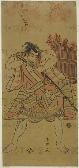 The Actor Ichikawa Omezo I as Kamei Rokuro Disguised as the Servant Dadahei in the Play Kimmenuki Genke no Kakutsuba, Performed at the Ichimura Theater in the Eleventh Month, 1791, c. 1791, Katsukawa Shun’ei, Japanese, 1762-1819, Japan, Color woodblock print, hosoban, left sheet of diptych (?), 32 x 14.5 cm (12 5/8 x 5 11/16 in.)