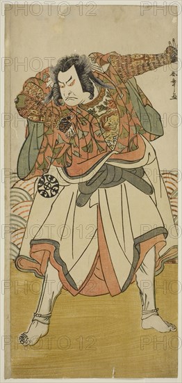 The Actor Nakamura Nakazo I as Chinzei Hachiro Tametomo Disguised as an Ascetic Monk, in the Play Kitekaeru Nishiki no Wakayaka, Performed at the Nakamura Theater in the Eleventh Month, 1780, c. 1780, Katsukawa Shunsho ?? ??, Japanese, 1726-1792, Japan, Color woodblock print, hosoban, 31.3 x 14.6 cm (12 5/16 x 5 3/4 in.)