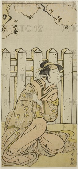 The Actor Osagawa Tsuneyo II as Onoe in the Play Haru no Nishiki Date-zome Soga, Performed at the Nakamura Theater in the Fourth Month, 1790, c. 1790, Katsukawa Shunko I, Japanese, 1743-1812, Japan, Color woodblock print, hosoban, left sheet of diptych, 30.4 x 13.8 cm (11 15/16 x 5 7/16 in.)