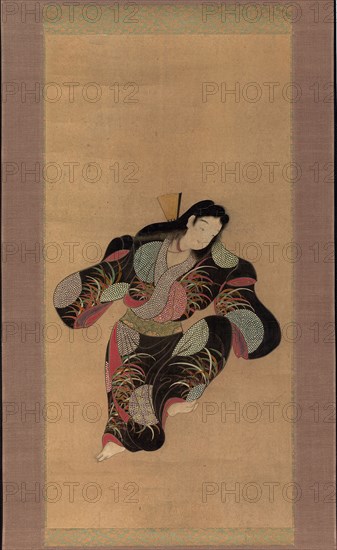 Female Dancer, 1624–44, Japanese, 17th century, Japan, Hanging scroll, ink, color, and gold on paper, 59.5 x 29.9 cm (23 7/16 x 11 3/4), including mount and knobs: 124.1 x 45.4 (48 7/8 x 17 7/8 in.)