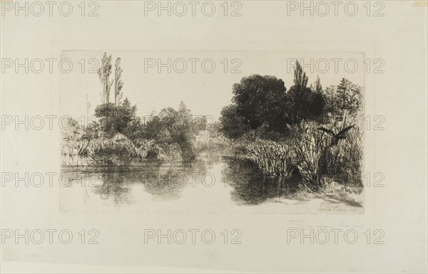 Shere Mill Pond, No. II (large plate), 1860, Francis Seymour Haden, English, 1818-1910, England, Etching with drypoint on ivory Japanese paper, 180 × 336 mm (image/plate), 302 × 470 mm (sheet)