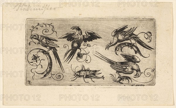 Ornament Panels with Birds: Plate 3, 1617, Adrian Muntink, Dutch, active 1597-1617, Netherlands, Engraving in black on paper, 51 x 98 mm (plate)