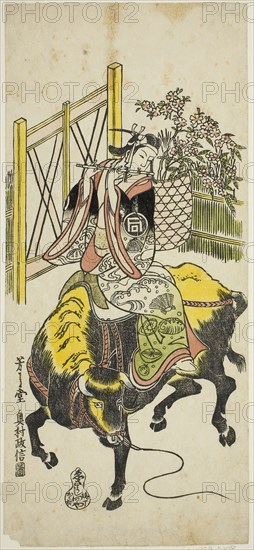 The Actor Sanogawa Ichimatsu I as Kumenosuke in the play Nanohana Akebono Soga, performed at the Nakamura Theater in the second month, 1741, 1741, Okumura Masanobu, Japanese, 1686-1764, Japan, Hand-colored woodblock print, hosoban, urushi-e, 32.6 x 14.7 cm (12 13/16 x 5 3/4 in.)